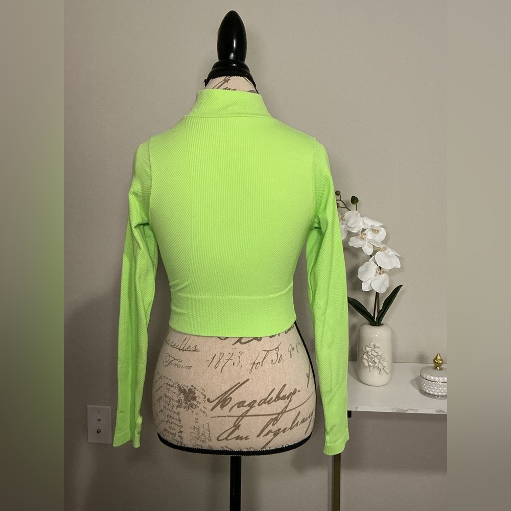 Neon Green Women's Zip-Up Crop Top - Picture 4 of 6